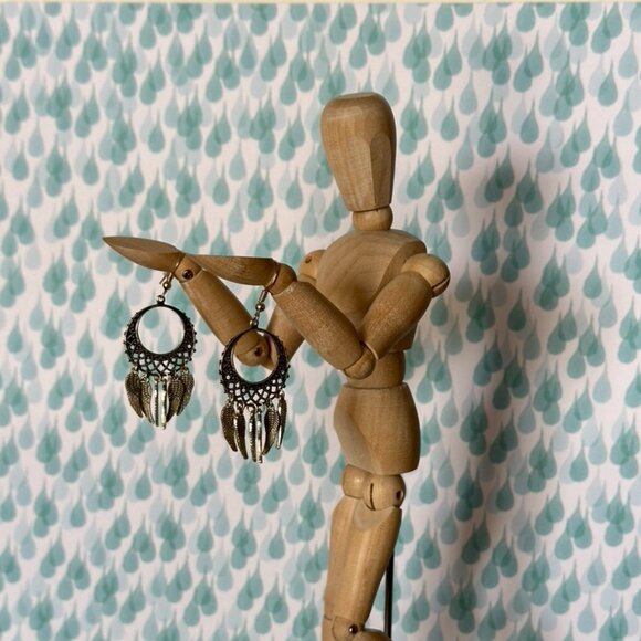 NEW Handmade- Feathered Hoop - Dangle Earrings in Antique Silver Tones - Picture 6 of 10